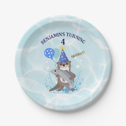 可愛いブルーウォーター男の子シーオッター誕生日パーティー ペーパープレート (正面)