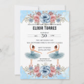 可愛いブルーウォーター色フローラバレリーナベビーシャワー 招待状 (正面)