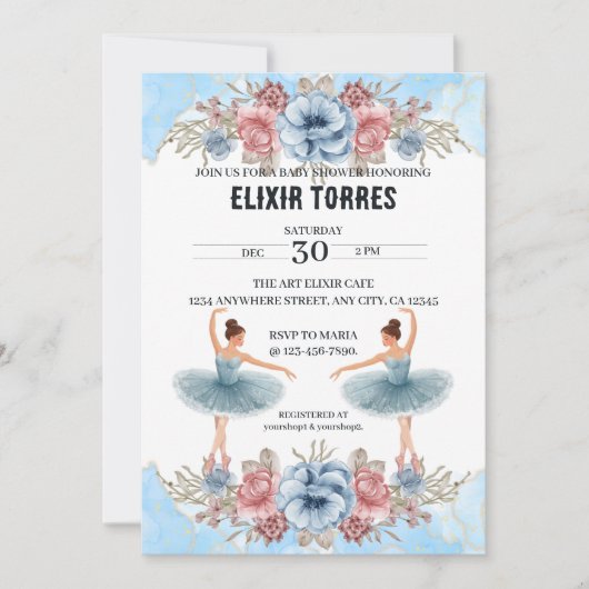 可愛いブルーウォーター色フローラバレリーナベビーシャワー 招待状 (正面)