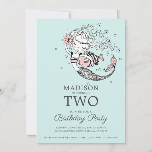 可愛いブルーウォーター色マーメイド2nd誕生日 招待状 (正面)
