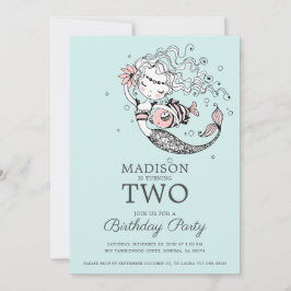 可愛いブルーウォーター色マーメイド2nd誕生日 招待状