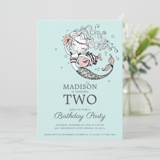 可愛いブルーウォーター色マーメイド2nd誕生日 招待状 (スタンド正面)