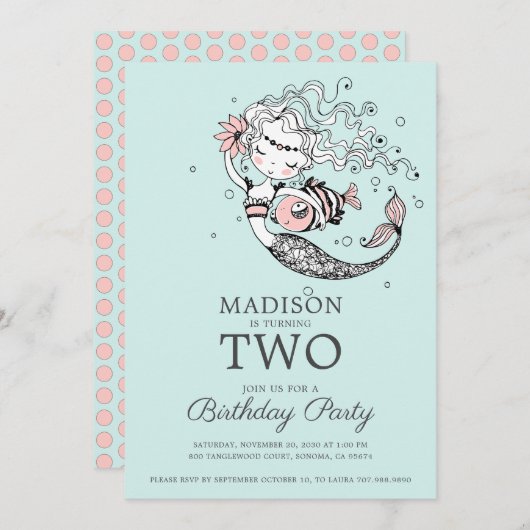 可愛いブルーウォーター色マーメイド2nd誕生日 招待状 (正面/裏面)