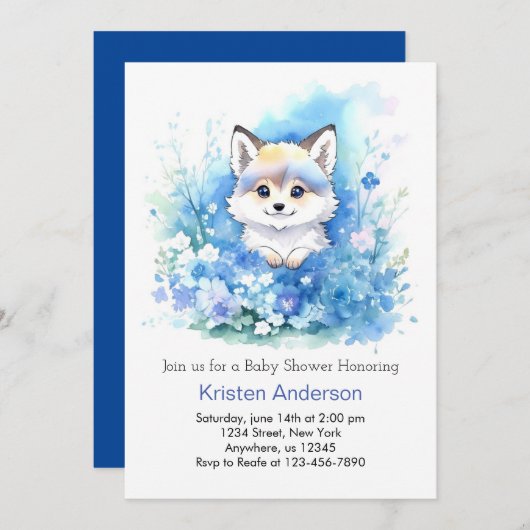 可愛いブルーウルフお洒落ウッドランドボーイ赤ちゃんシャワー 招待状 (正面/裏面)