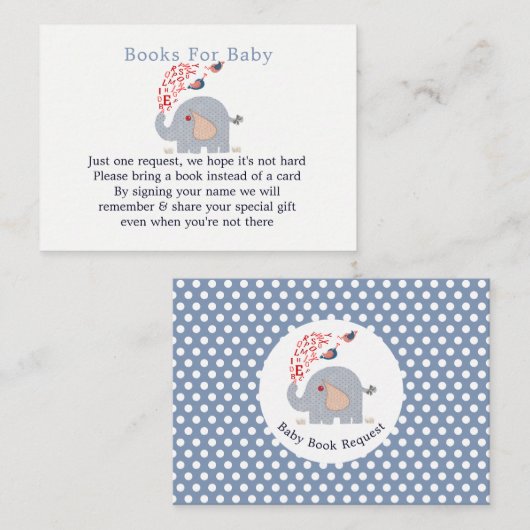 可愛いブルーエレファントベイビーシャワーブックリクエスト エンクロージャーカード (正面/裏面)