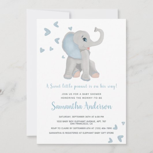 可愛いブルーエレファントベイビーシャワー水彩 招待状 (正面)