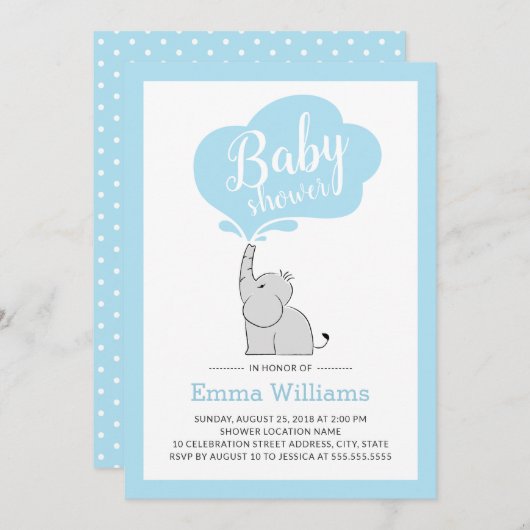 可愛いブルーエレファントベビーシャワー招待状for Boy 招待状 (正面/裏面)