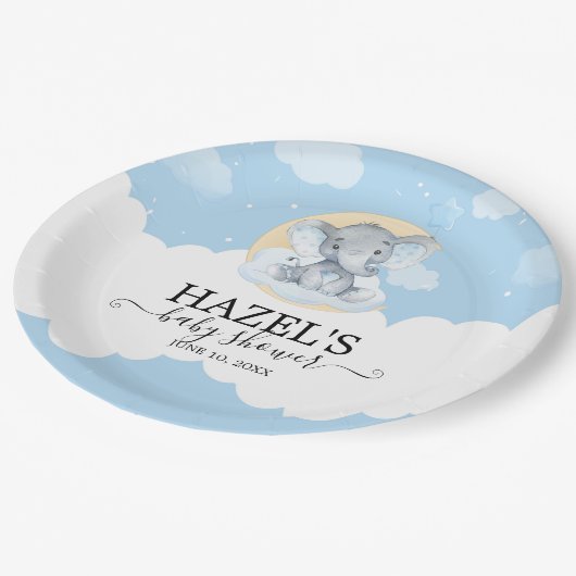 可愛いブルーエレファントボーイ小さなピーナッツ赤ちゃんシャワー ペーパープレート (アングル)