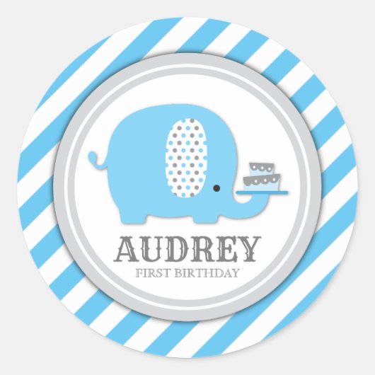 可愛いブルーエレファントボーイ最初の誕生日赤ちゃんシャワー ラウンドシール (正面)