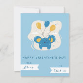 可愛いブルーエレファント&バルーン子供のバレンタインデー ノートカード (正面)