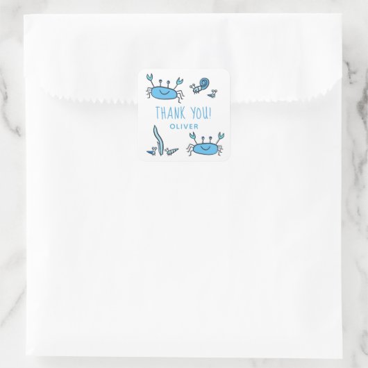 可愛いブルーカニ海の動物少年ありがとう誕生日 スクエアシール (バッグ)