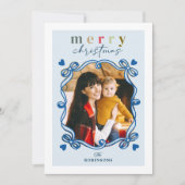 可愛いブルークリスマスボウハートフレーム写真 シーズンカード (正面)