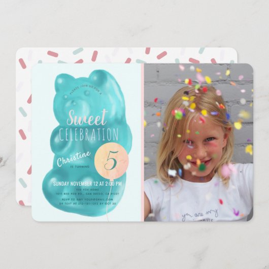 可愛いブルーグミベア甘いお菓子フォト誕生日 招待状 (正面/裏面)