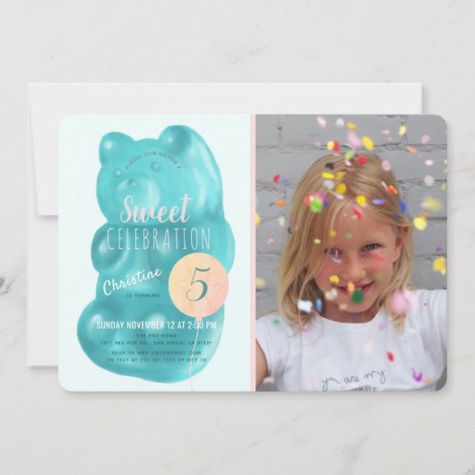 可愛いブルーグミベア甘いお菓子フォト誕生日 招待状 (正面)