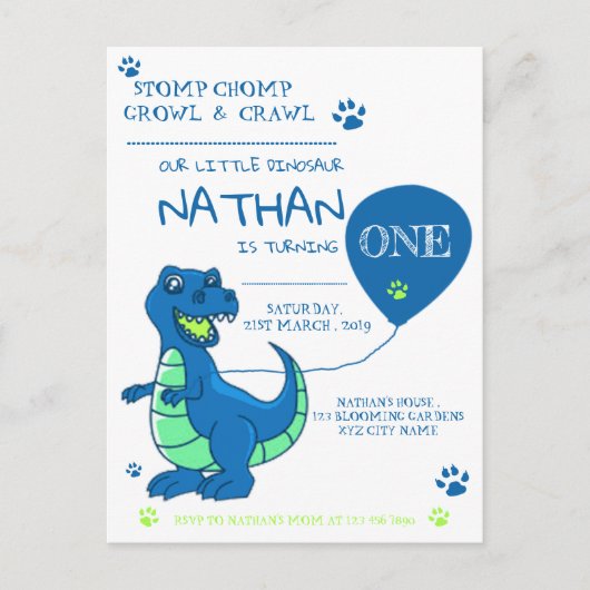 可愛いブルーグリーン恐竜をテーマにした誕生日 インビテーションポストカード (正面)