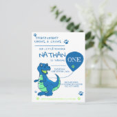 可愛いブルーグリーン恐竜をテーマにした誕生日 インビテーションポストカード (スタンド正面)