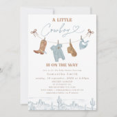 可愛いブルーグレーの服リトルカウボーイ赤ちゃんシャワー 招待状 (正面)