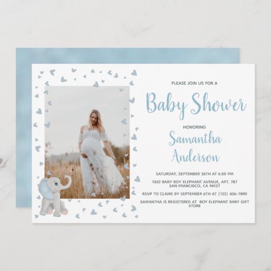 可愛いブルーグレーベビーゾウ水彩写真 招待状 (正面/裏面)