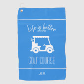 可愛いブルーゴルフカートのゴルファーのゴルフコース引用文 ゴルフタオル (正面)