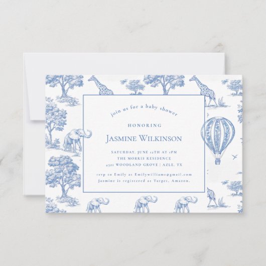 可愛いブルーサファリベイビーシャワー予算3 by 5 mini 出欠カード (正面)