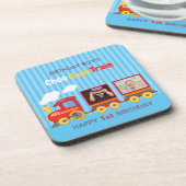 可愛いブルーストライプパタンおもちゃトレインボーイズ誕生日 コースター (左側)