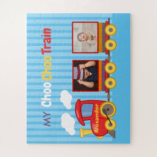 可愛いブルーストライプパタンおもちゃトレインボーイズ誕生日 ジグソーパズル (縦)