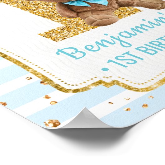 可愛いブルーストリップテディベア1stバースデーポスター ポスター (角)