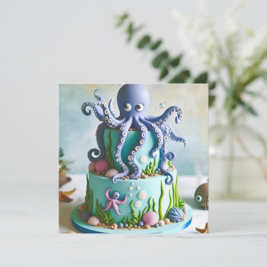 可愛いブルータコをテーマにしたお誕生日ケーキ 招待状 (スタンド正面)