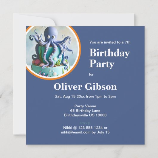 可愛いブルータコをテーマにしたお誕生日ケーキ 招待状 (裏面)