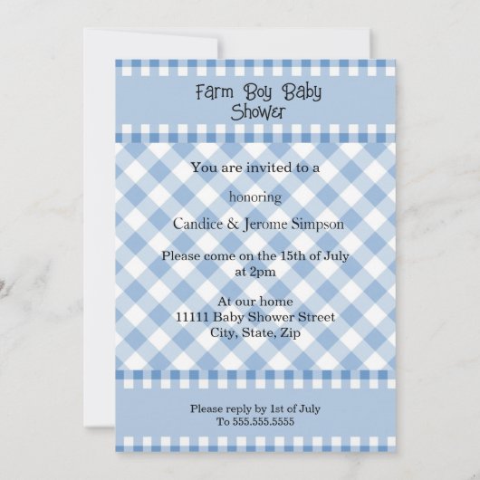 可愛いブルーチェックファームボーイ赤ちゃんシャワー動物 招待状 (裏面)
