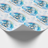 可愛いブルーテディベアとレインボーボーボーイベビーシャワー ラッピングペーパー (角)