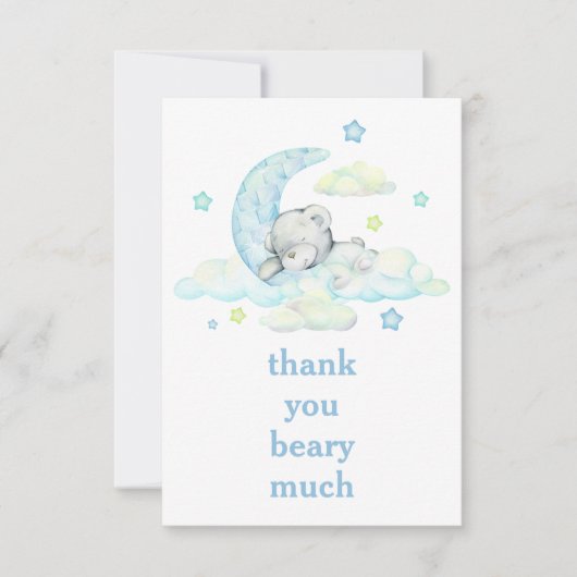 可愛いブルーテディベアオンムーンありがとう サンキューカード (正面)