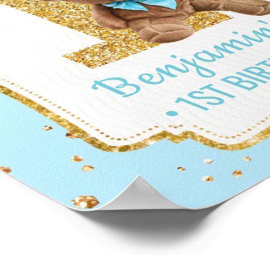 可愛いブルーテディベア1st誕生日ポスター ポスター (角)