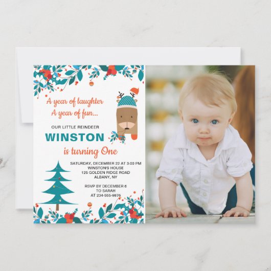 可愛いブルートナカイのクリスマスボーイ誕生日写真 招待状 (正面)