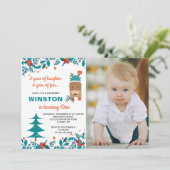 可愛いブルートナカイのクリスマスボーイ誕生日写真 招待状 (スタンド正面)