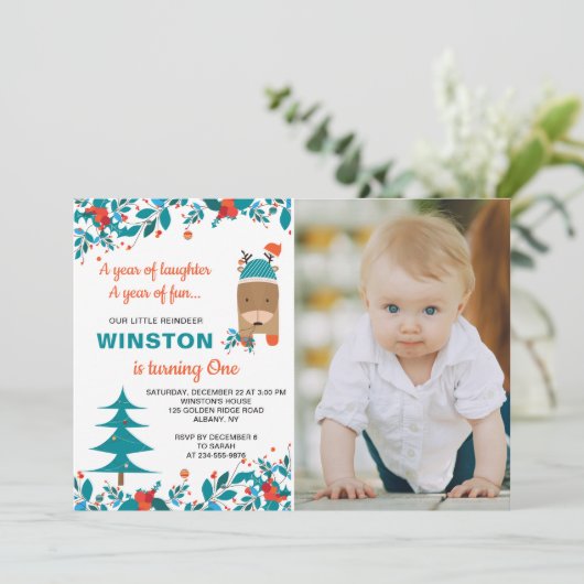 可愛いブルートナカイのクリスマスボーイ誕生日写真 招待状 (スタンド正面)