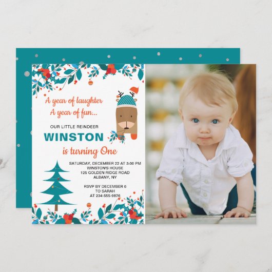 可愛いブルートナカイのクリスマスボーイ誕生日写真 招待状 (正面/裏面)