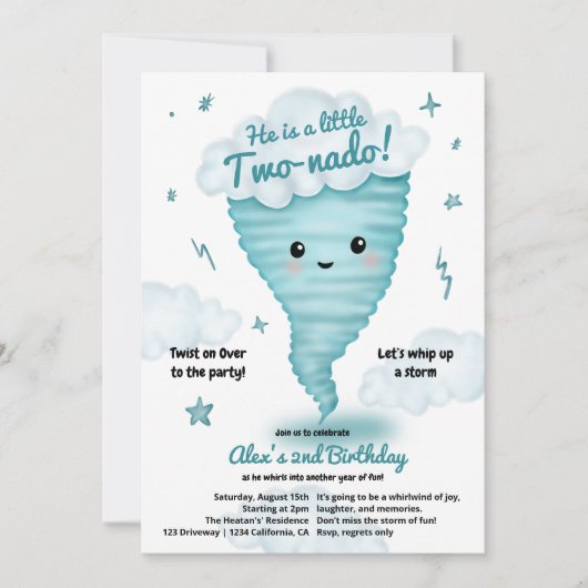 可愛いブルートルネドをテーマにした第2バースデーキッズパーティー 招待状 (正面)