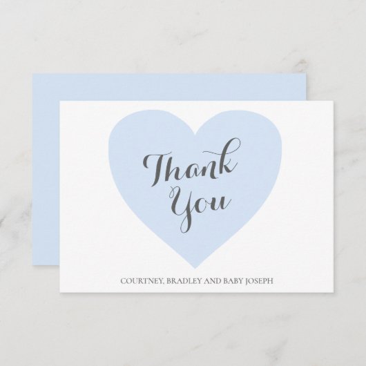可愛いブルーハートボーイ赤ちゃんシャワー サンキューカード (正面/裏面)