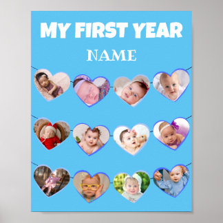 可愛いブルーハート初年度12写真コラージュPo ポスター