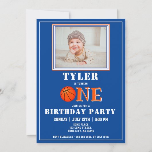 可愛いブルーバスケットボールフォト1st誕生日 招待状 (正面)