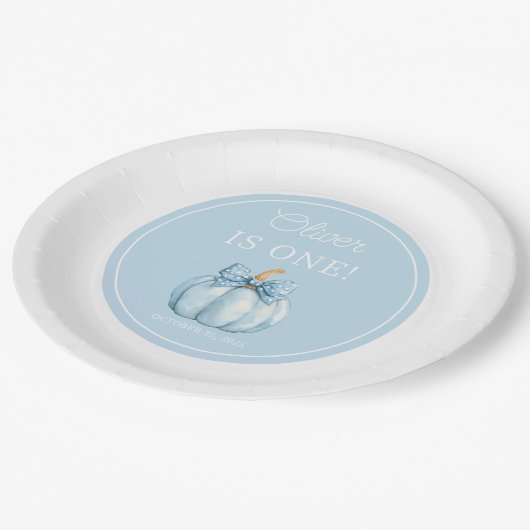 可愛いブルーパンプキンボーイ1歳の誕生日 ペーパープレート (アングル)