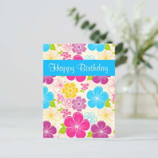 可愛いブルーピンクとオレンジの誕生日はがき ポストカード (スタンド正面)