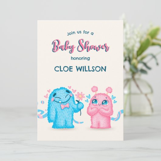 可愛いブルーピンクのモンスタージェンダーが赤ちゃんシャワーを明かす 招待状 (スタンド正面)
