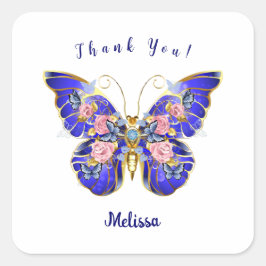 可愛いブルーピンク金ゴールド蝶フローラありがとう スクエアシール