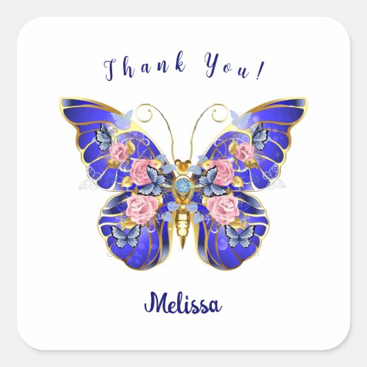 可愛いブルーピンク金ゴールド蝶フローラありがとう スクエアシール (正面)