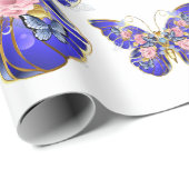 可愛いブルーピンク金ゴールド蝶フローラありがとう ラッピングペーパー (ロールコーナー)