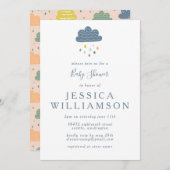 可愛いブルーピーチ雨粒ボーイベビーシャワー 招待状 (正面/裏面)