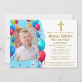 可愛いブルーフォトボーイ1歳の誕生日バプテスマ 招待状 (正面)