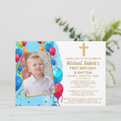 可愛いブルーフォトボーイ1歳の誕生日バプテスマ 招待状 (スタンド正面)
